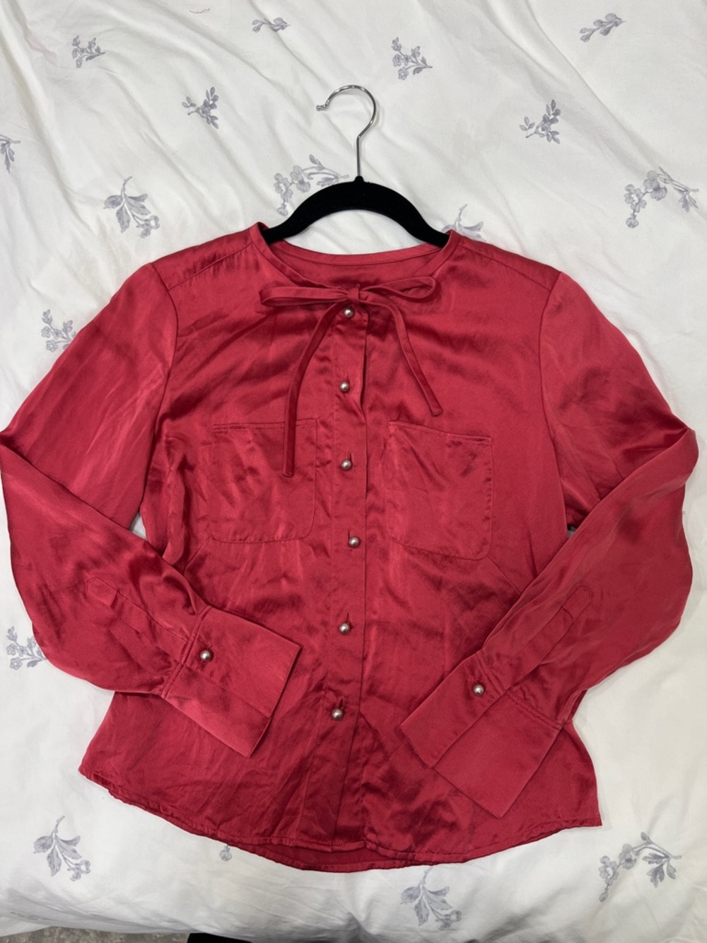 100% SILK TALBOTS Women's Red/pink Tie-Neck pearl Button long sleeve Blouse
